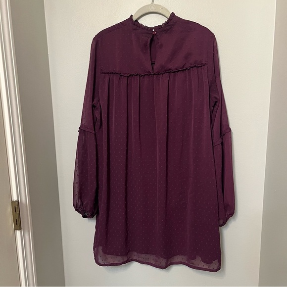 Japna Large Plum Dark Purple Long Sleeve Mini Dress Swiss Dot Mockneck Keyhole - Picture 9 of 9